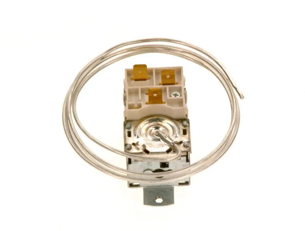 Bosch Thermostat mit einer runden Metallbasis und zwei Anschlussklemmen, umgeben von einem dünnen Draht.